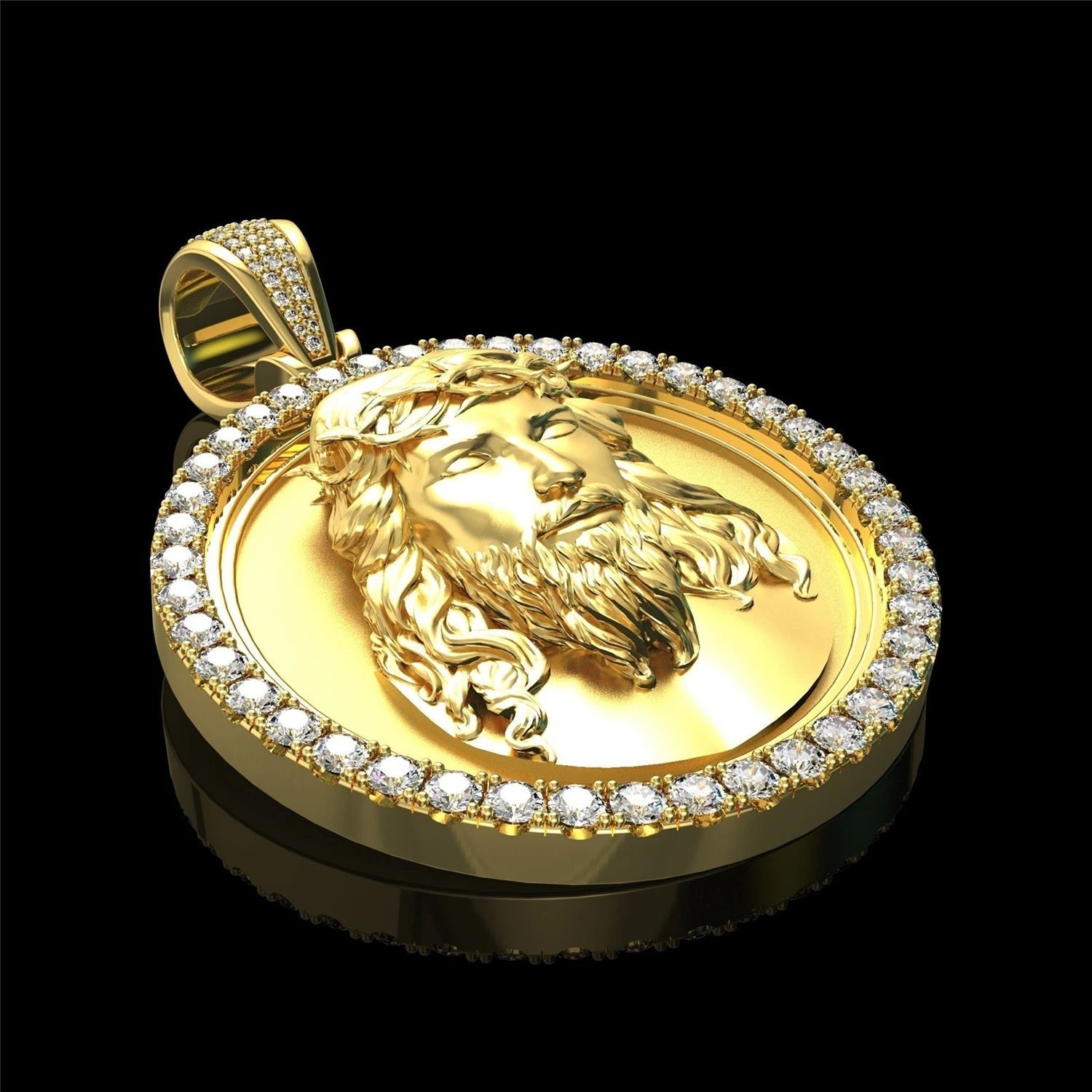 Herren Big 18K vergoldete runde Kristalle Jesus Kopf Anhänger Halskette | Shop Nory