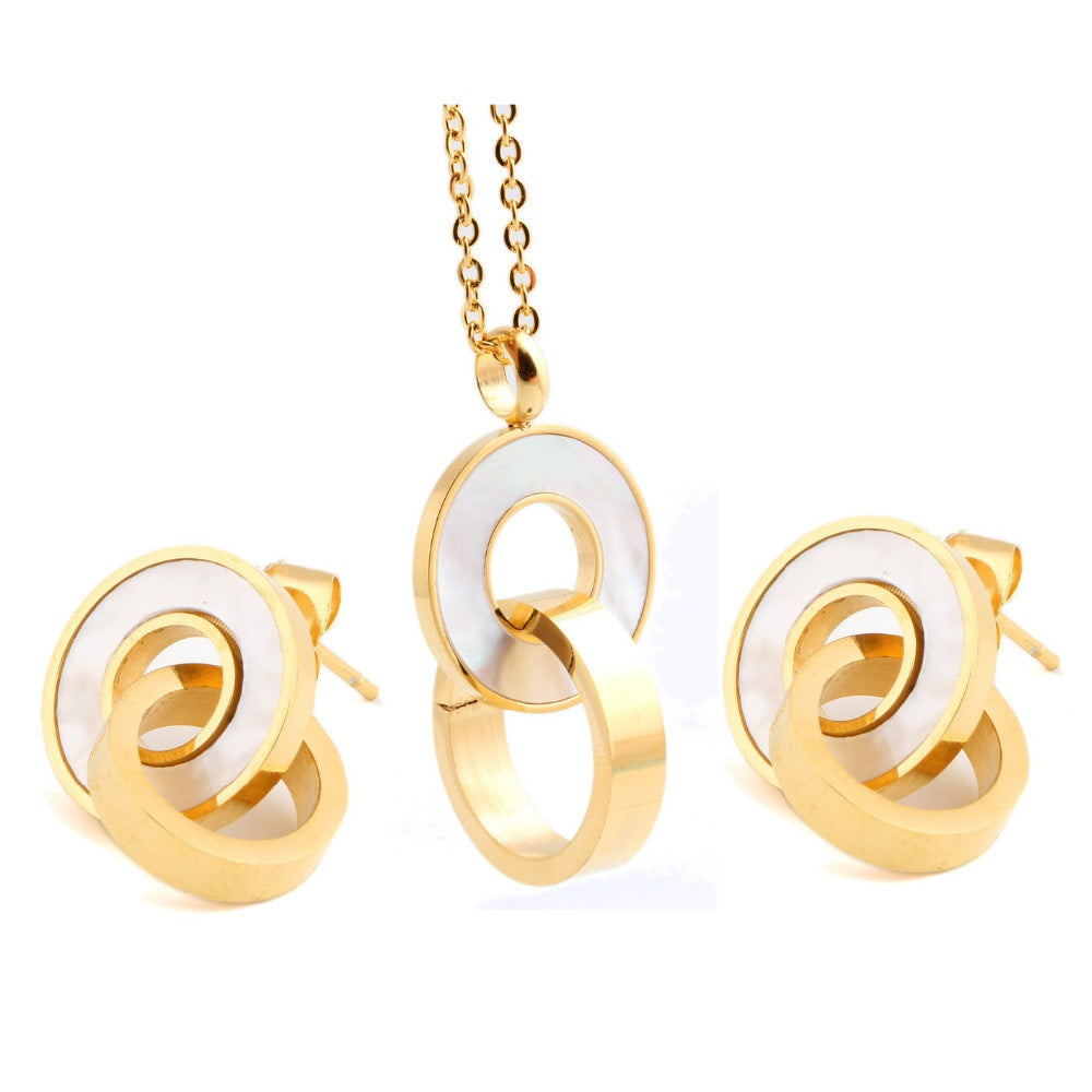 Damen 18K Gold Plated Rund Interlock Ring Edelstahl Shell Ohrring Anhänger Set | Shop Nory