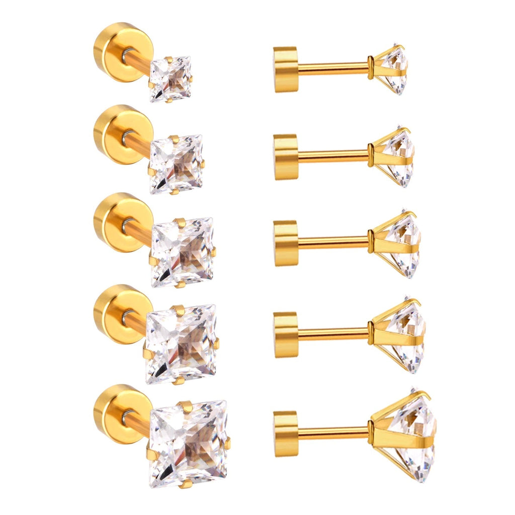 Unisex vergoldete hypoallergene quadratische CZ-Kristalle Schraubverschluss Ohrstecker | Shop Nory