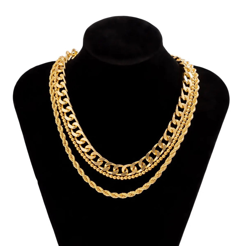 Damen Goldplattierte Triple Chunky Cuban Link Perlen Seil Ketten Sets | Shop Nory
