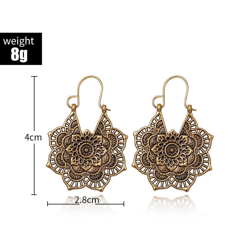 Damen Gold Vintage Tribal Messing Mandala Biene Blume Ausgeschnittene Haken Ohrringe | Shop Nory