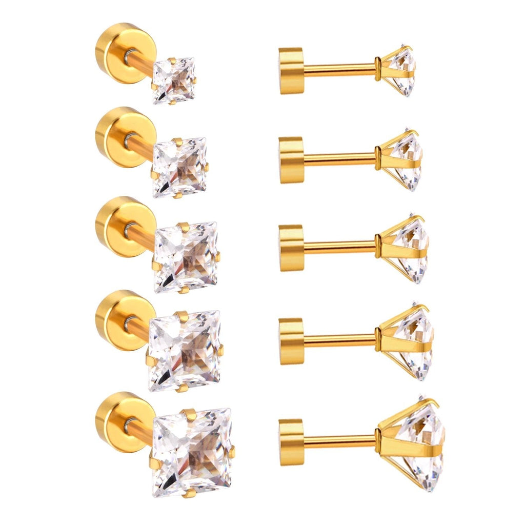 Unisex vergoldete hypoallergene quadratische CZ-Kristalle Schraubverschluss Ohrstecker | Shop Nory