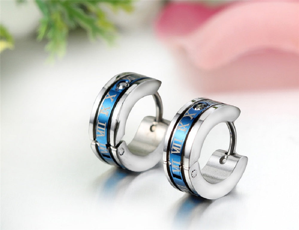 Unisex Silber & Blau Abschlüsse Kristall Römische Ziffern Stahl Anti-Allergisch Ohrstecker | Shop Nory
