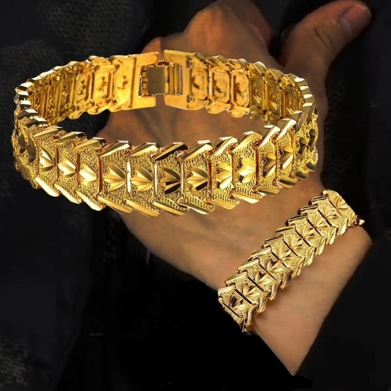 Herren Damen Unisex 24K Goldbeschichtete Breite Floral Geprägte Glieder Muster Armbänder | Shop Nory