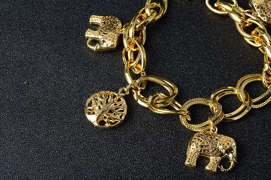Damen Gold Chunky Runde Glieder Elefant & Lebensbaum Charms Handkette Armbänder | Shop Nory