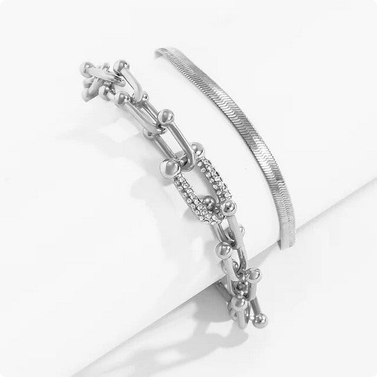 Damen Silber Kupfer Kette Interlock Link Kristall 2Stücke Armbänder | Shop Nory