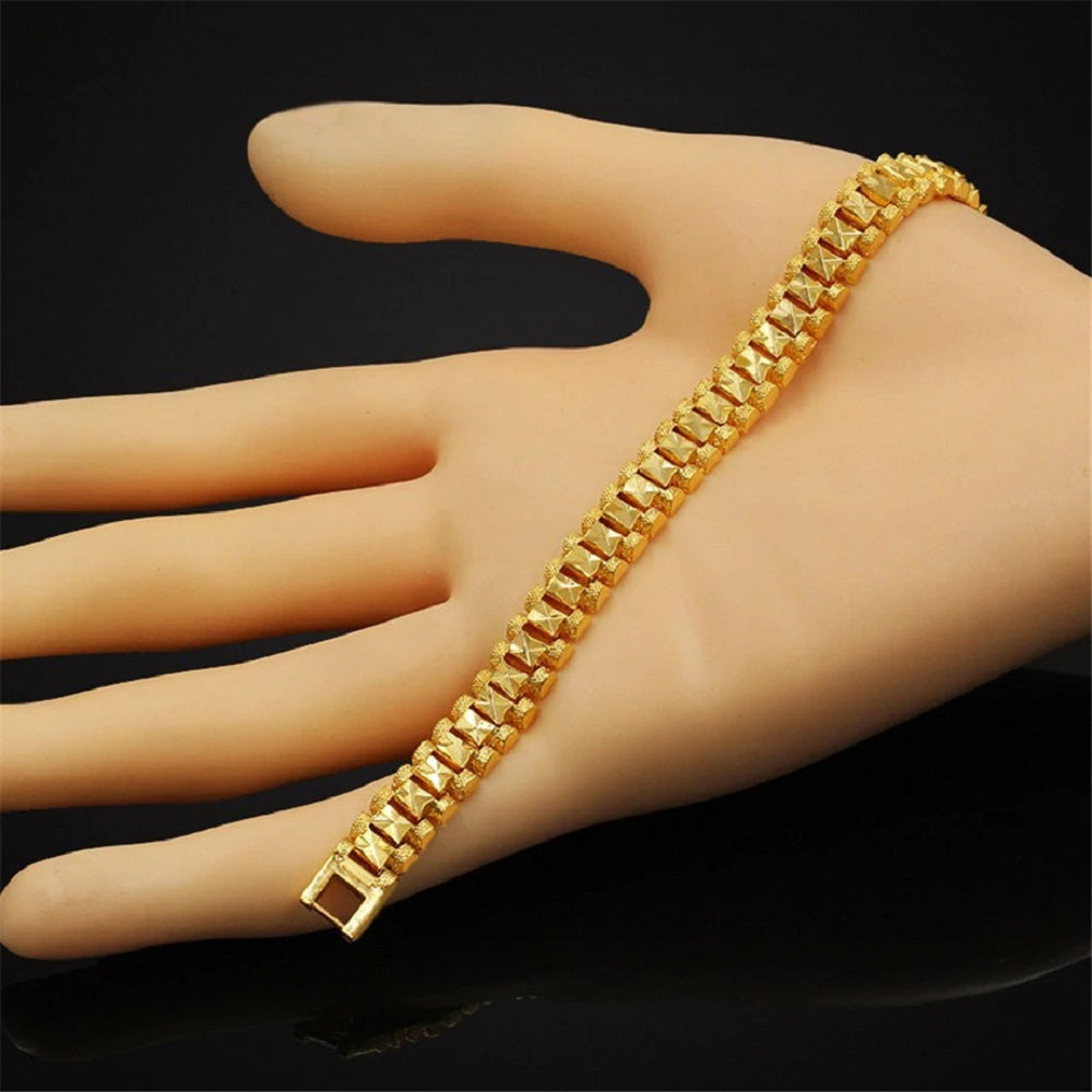 Unisex 18K Gold Plated Ge carved Link Muster 7.1" Dick Geschichtete Armband | Shop Nory