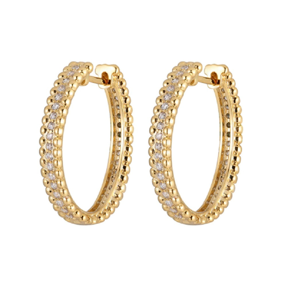 Elegante Goldene Ovalperlenbesatz Mittel-Zirkon Creolen-Hoops-Ohrringe | Shop Nory
