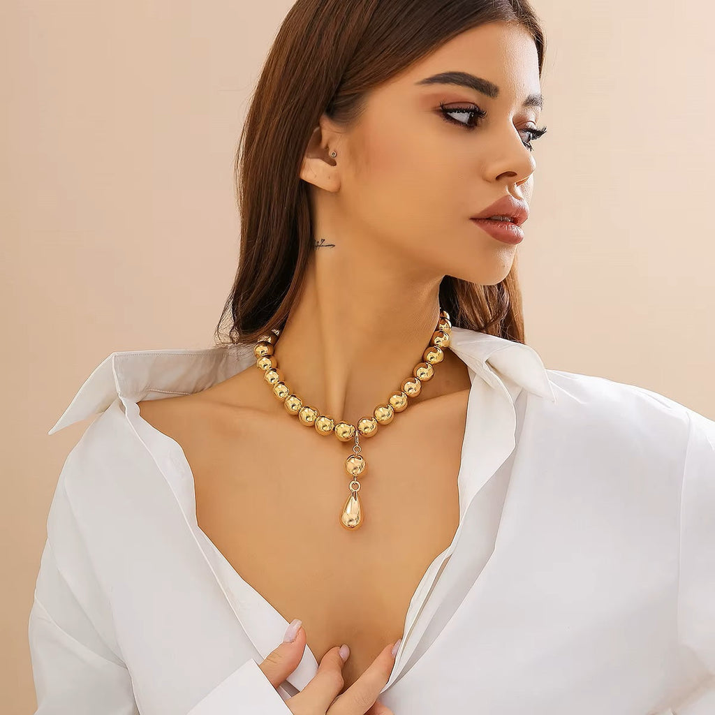 Damen Gold Rund Kugel Perle Tropfen Anhänger Choker Halskette | Shop Nory