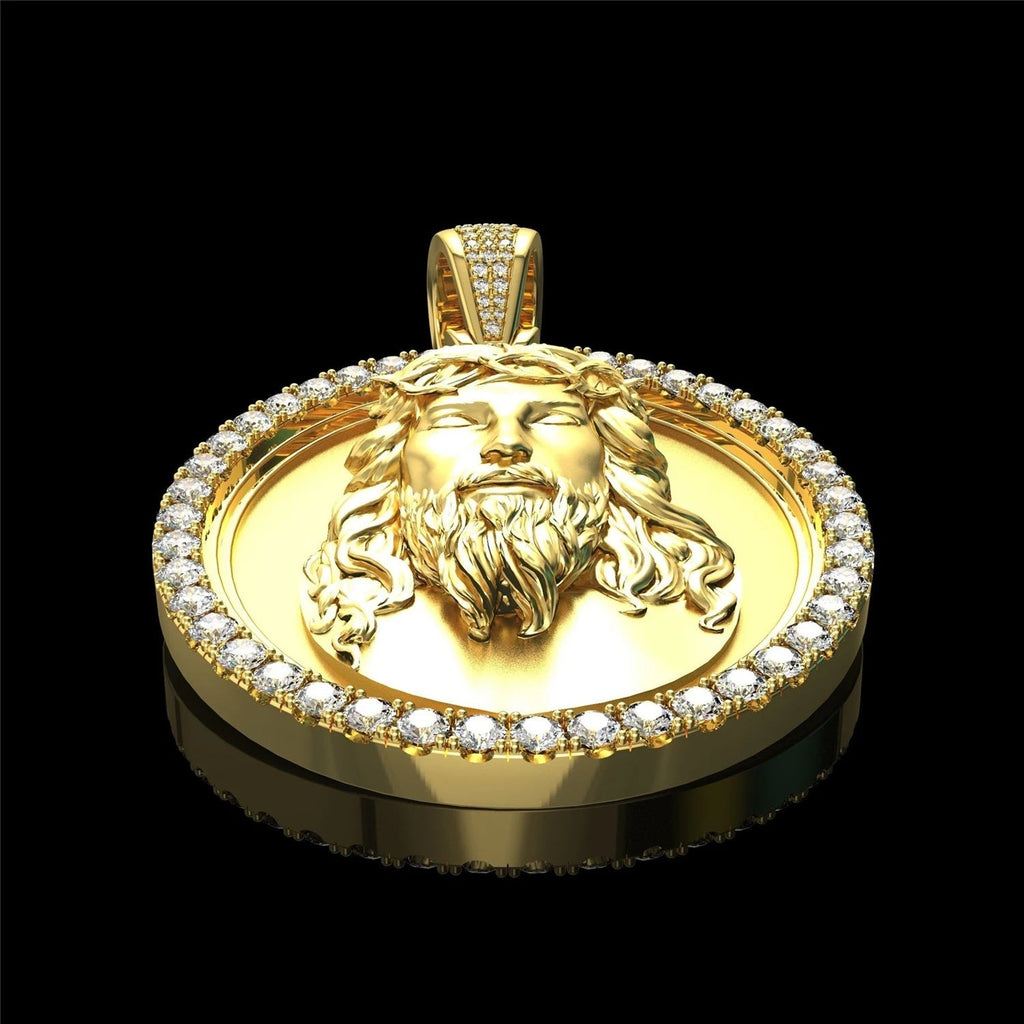 Herren Big 18K vergoldete runde Kristalle Jesus Kopf Anhänger Halskette | Shop Nory