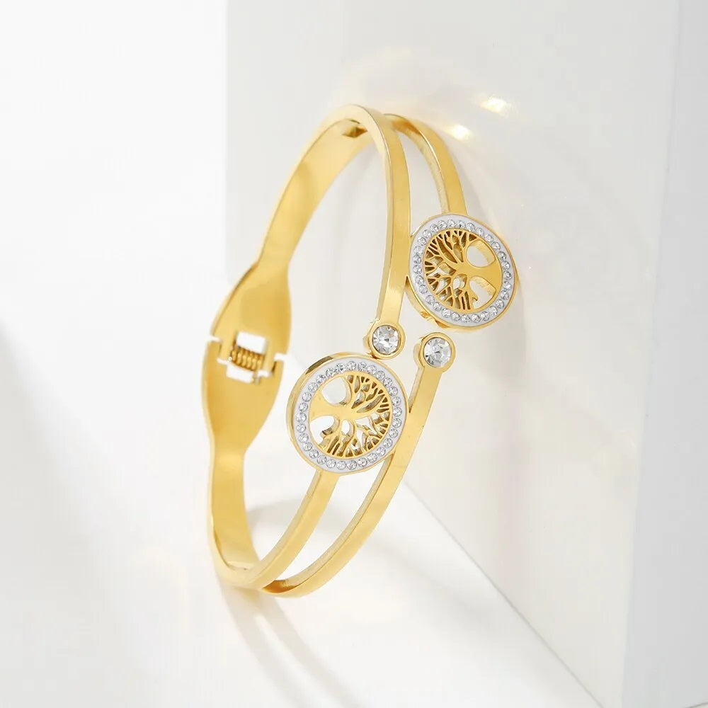 Damen Gold Luxus Edelstahl Lebensbaum Kubik-Zirkon Glücksarmband | Shop Nory