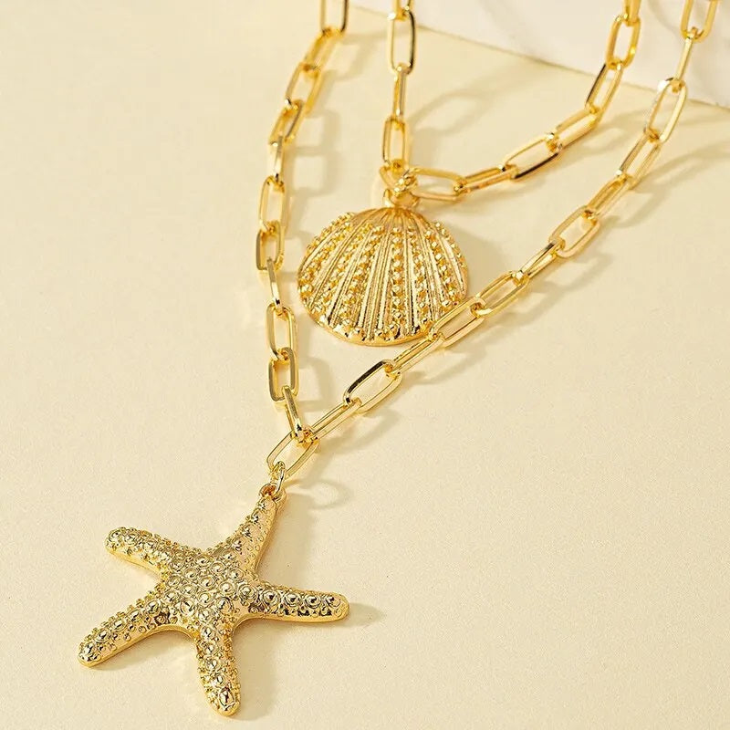 Damen Gold Beschichtete 2 Schichten Seestern Muschel Anhänger Gliederkette Halskette | Shop Nory