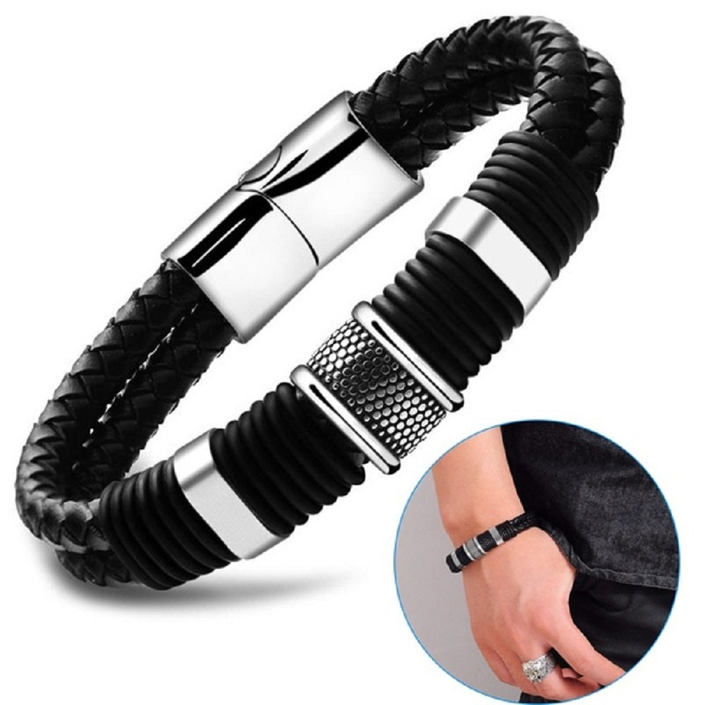Herren Mehrschichtige Geflochtene Leder- &amp; Edelstahlstäbe Magnetverschluss Armbänder | Shop Nory