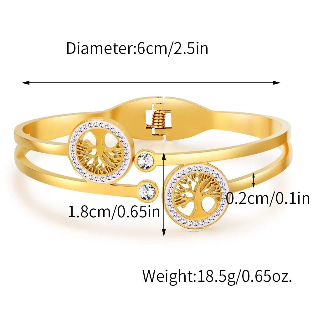 Damen Gold Luxus Edelstahl Lebensbaum Kubik-Zirkon Glücksarmband | Shop Nory