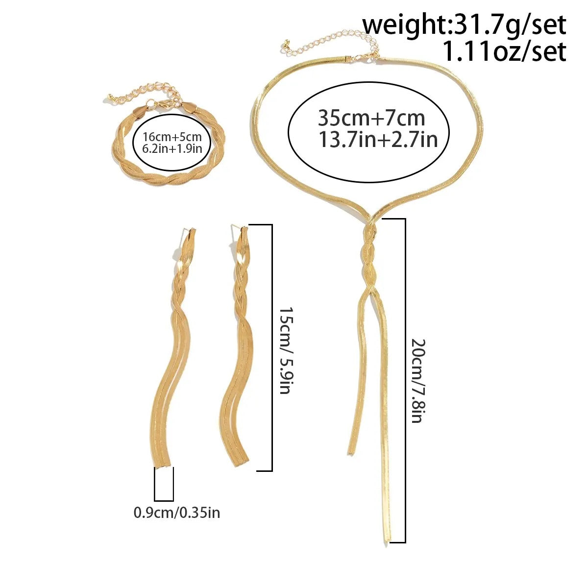 Damen Gold Lang V-förmig Quaste Schlange Ketten Ohrringe Armband Halskette Set | Shop Nory
