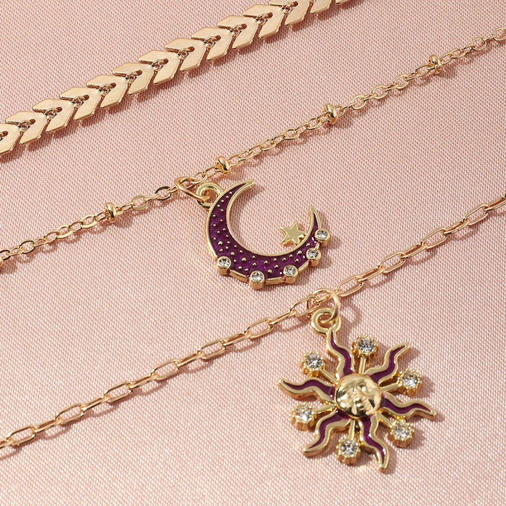 Damen Triple Layer Gold Zirkon Halb Kristall Mond Sonne Anhänger Halsketten Set | Shop Nory
