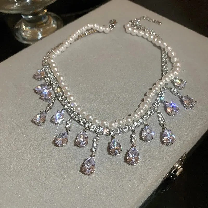 Damen Silber Strass Tropfen Kristalle Choker Mehrschichtige Perle 2Tier Halsketten | Shop Nory