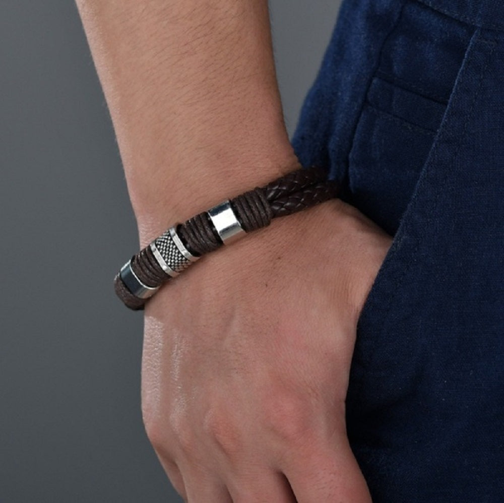 Herren Mehrschichtige Geflochtene Leder- &amp; Edelstahlstäbe Magnetverschluss Armbänder | Shop Nory
