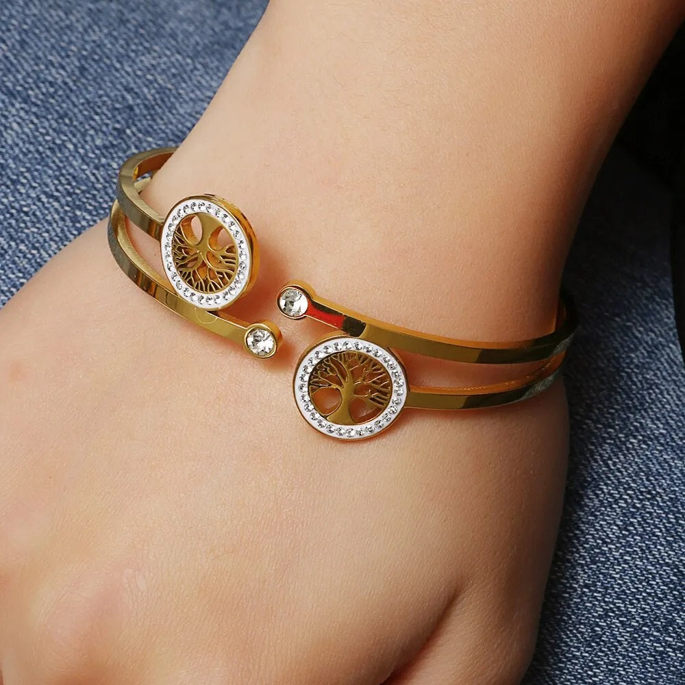 Damen Gold Luxus Edelstahl Lebensbaum Kubik-Zirkon Glücksarmband | Shop Nory