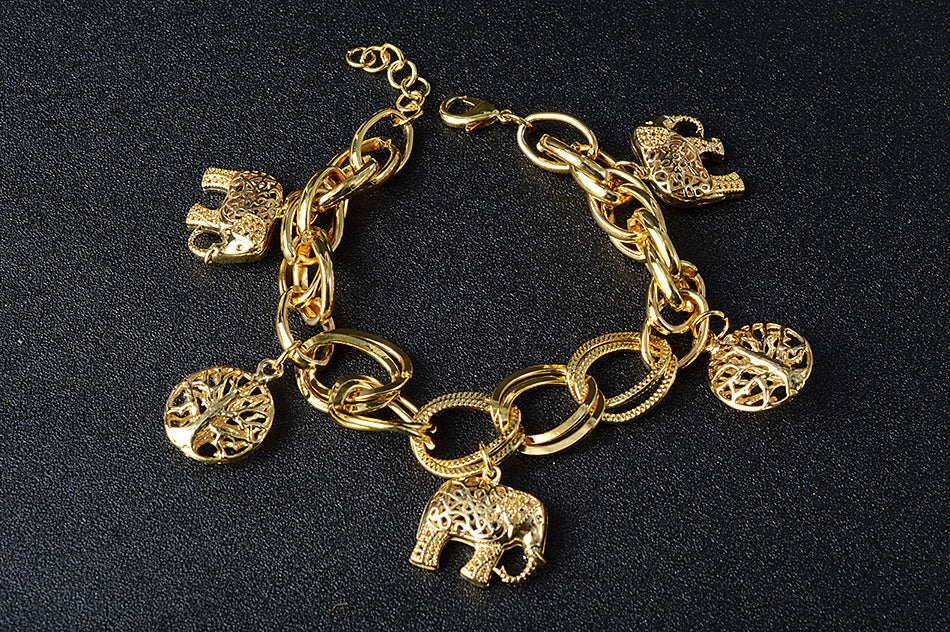 Damen Gold Chunky Runde Glieder Elefant & Lebensbaum Charms Handkette Armbänder | Shop Nory