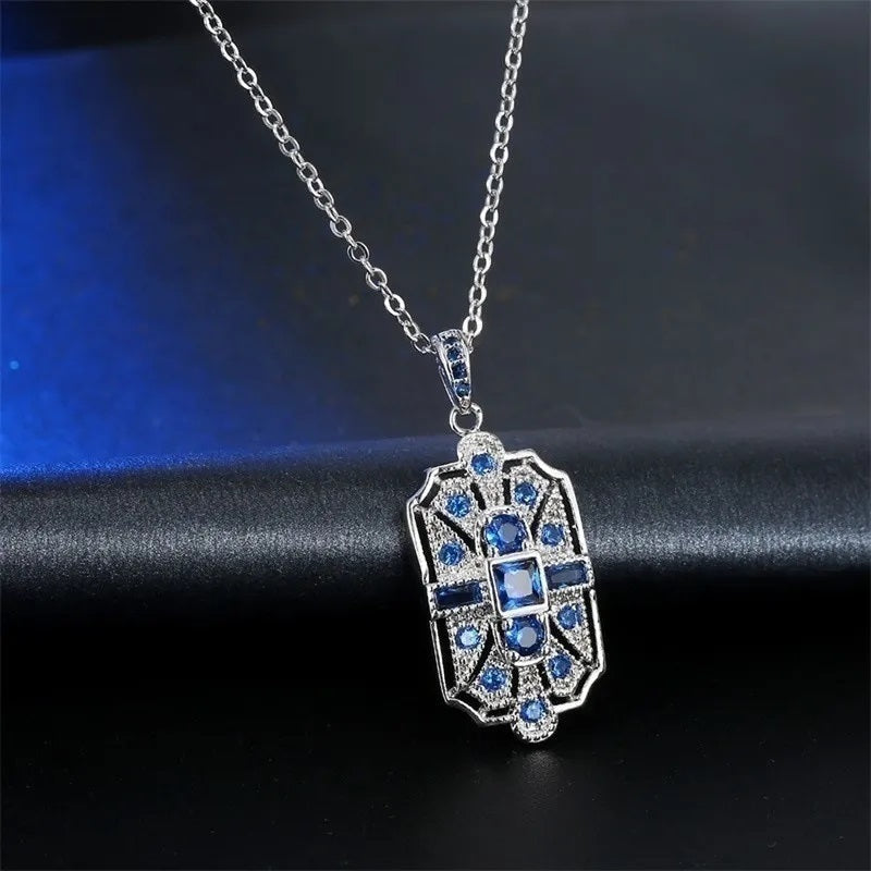 Damen Silber Weiß & Blau Kristallstein Halsketten-Set | Shop Nory