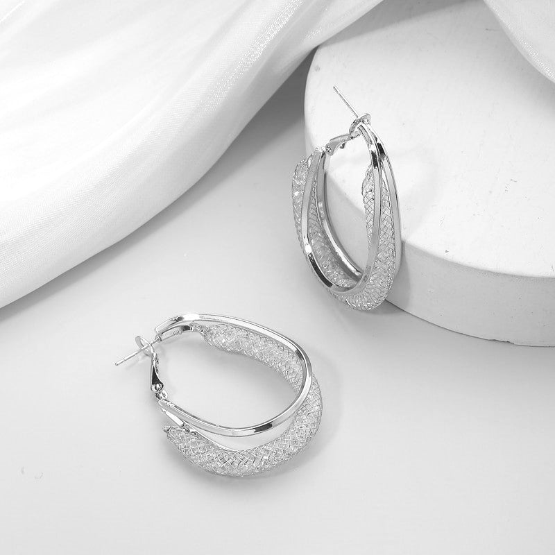 Damen Silber Oval Chunky Mesh Geschichtete Innere Kristalle Creolen Ohrringe | Shop Nory