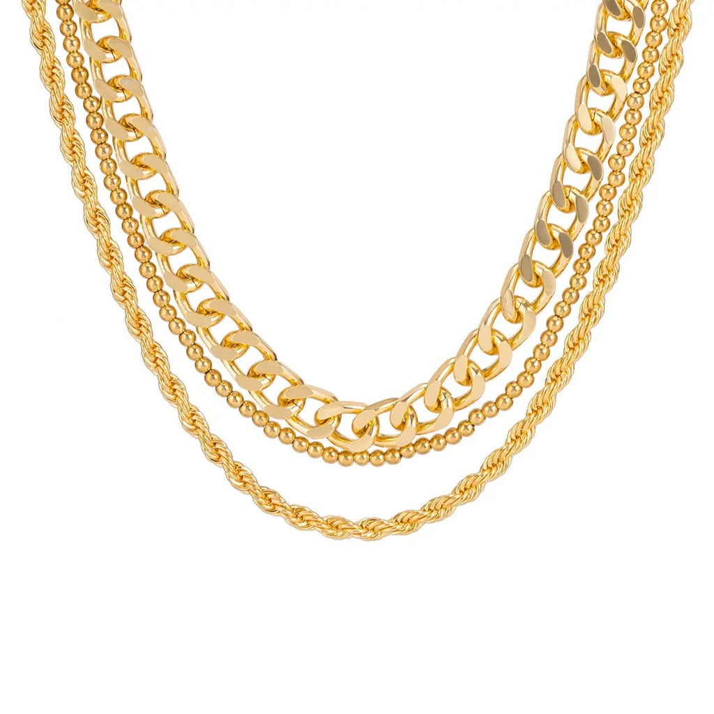 Damen Goldplattierte Triple Chunky Cuban Link Perlen Seil Ketten Sets | Shop Nory