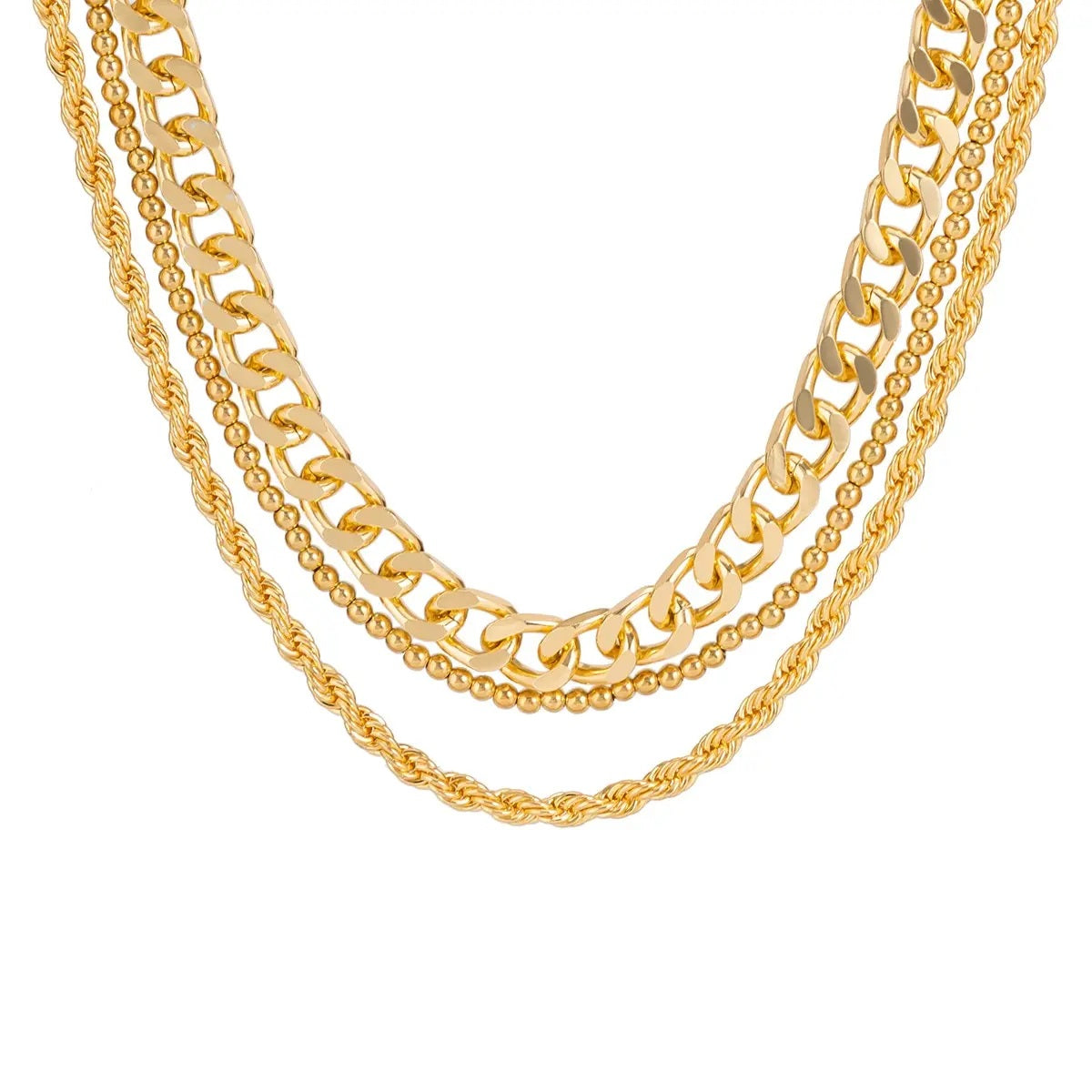Damen Goldplattierte Triple Chunky Cuban Link Perlen Seil Ketten Sets | Shop Nory