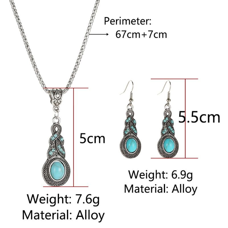 Damen Ethnische Tibetische Silber Türkis Kristall Hängende Ohrringe & Halskette Set | Shop Nory