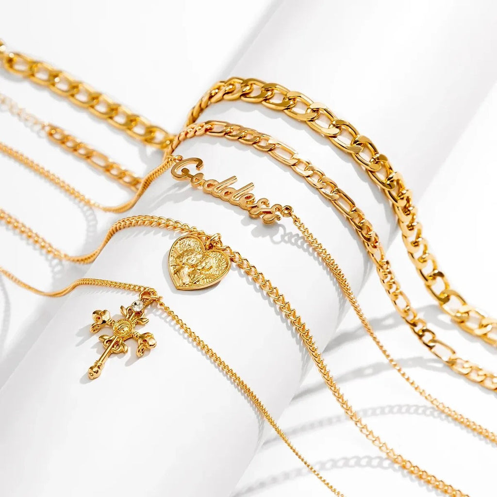 Damen 18K Gold Beschichtete Herz Kreuz Anhänger Choker 5 Stück Halsketten Sets | Shop Nory