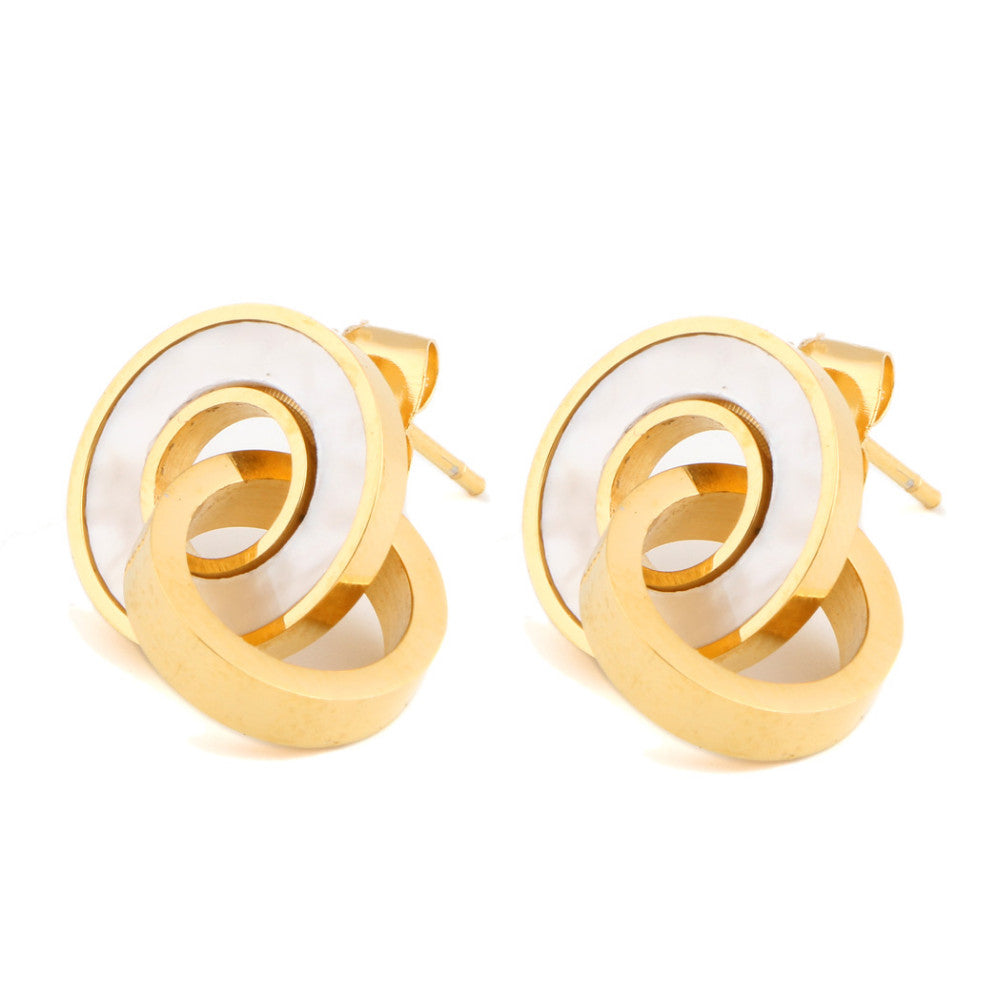 Damen 18K Gold Plated Rund Interlock Ring Edelstahl Shell Ohrring Anhänger Set | Shop Nory