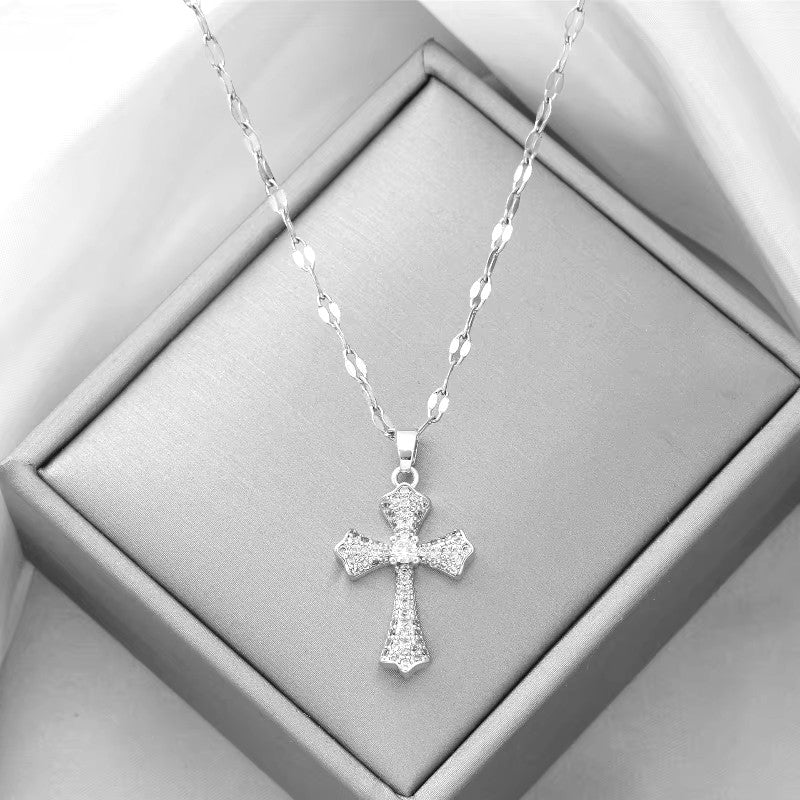 Unisex Damen Herren Silber Geometrisches Kreuz Schlüsselbein Kristall Anhänger & Halskette | Shop Nory