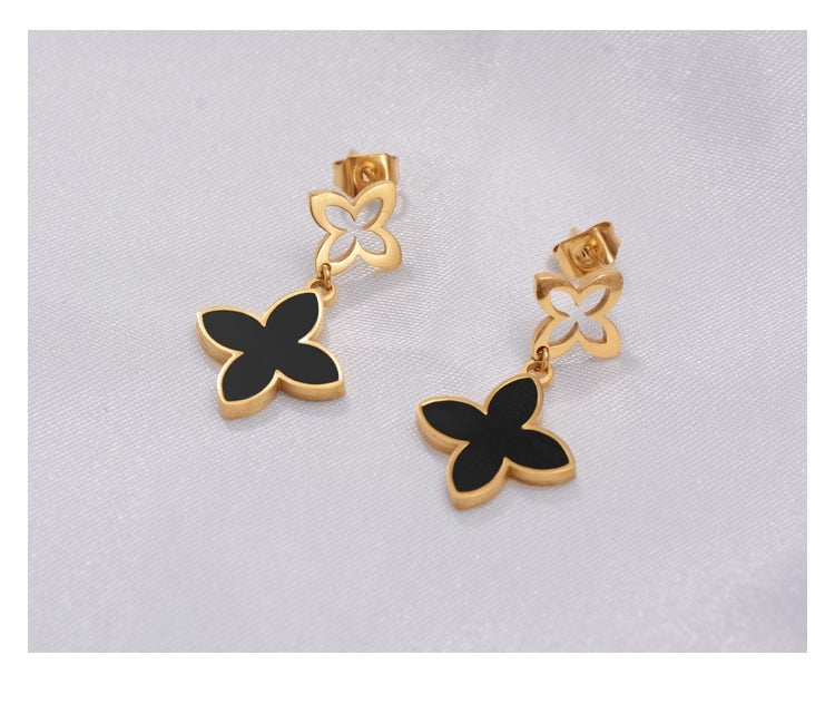 Damen Schwarze Gold Hypoallergene Edelstahl Glücksklee Ohrstecker | Shop Nory