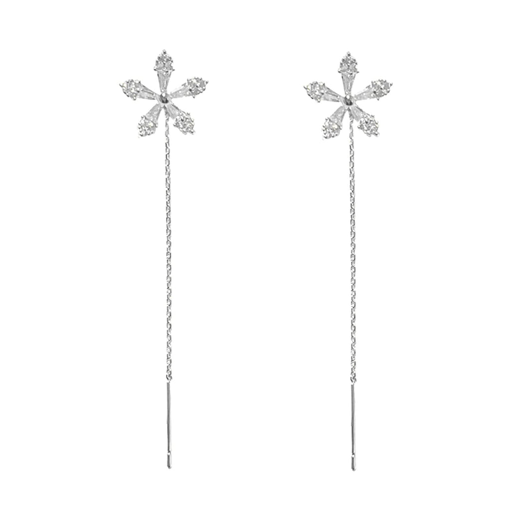 Damen Silber Glänzende Blume Strass Ohrclip Dünne Anhänger Lange Quasten Ohrringe | Shop Nory