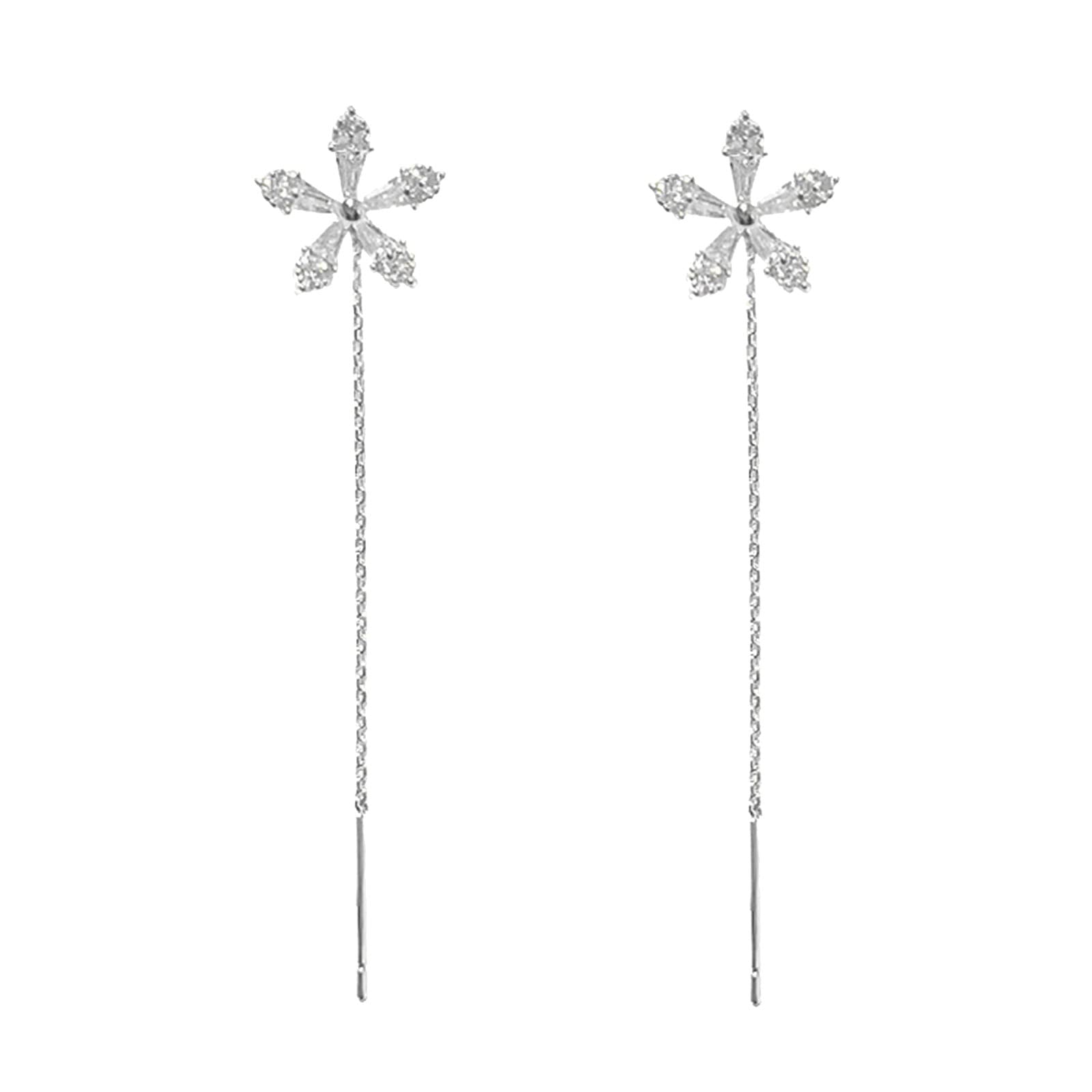 Damen Silber Glänzende Blume Strass Ohrclip Dünne Anhänger Lange Quasten Ohrringe | Shop Nory