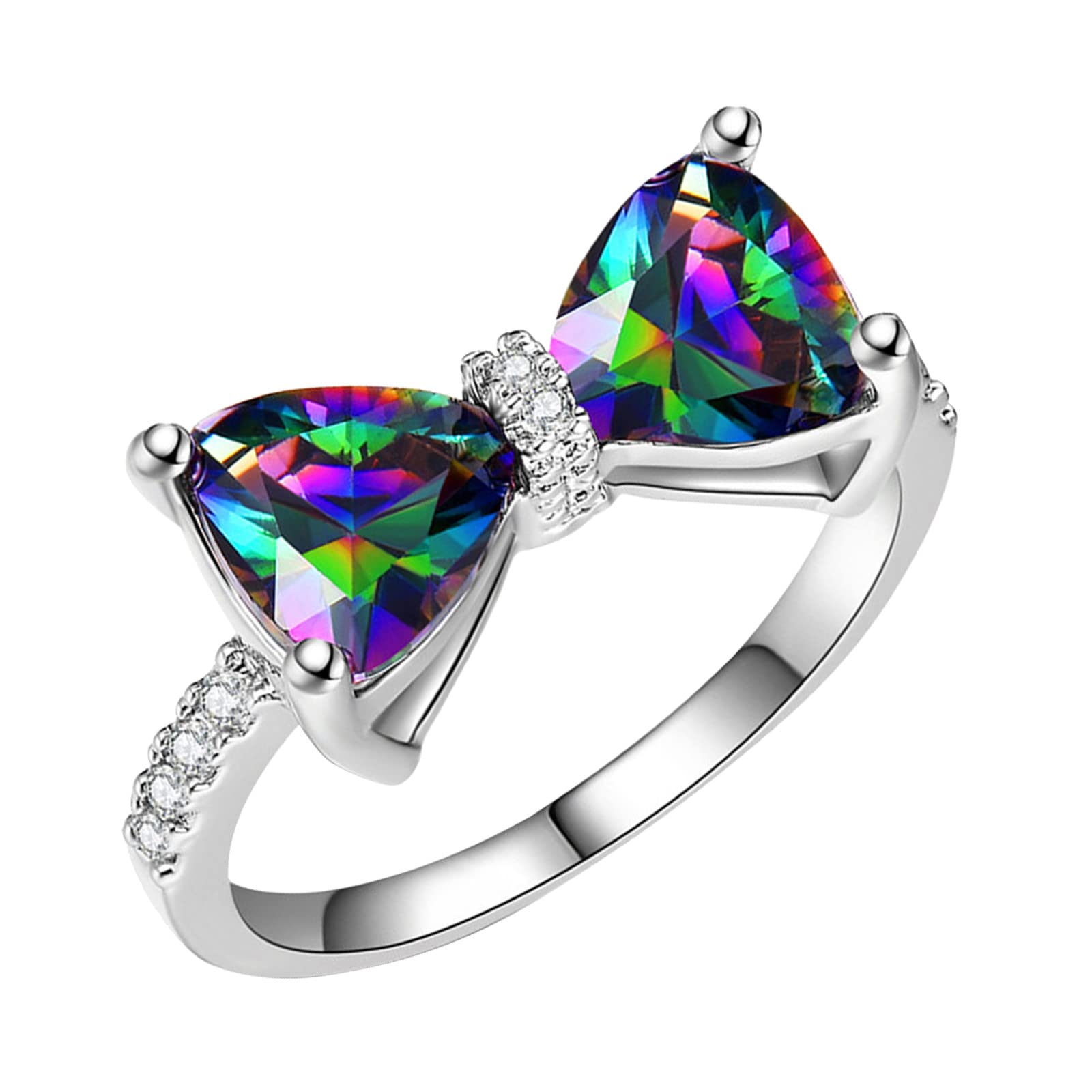 Damen Sterling Silber Beschichtet Funkelnder Mehrfarbiger Diamantgeschliffener Kristall Schleifenring | Shop Nory
