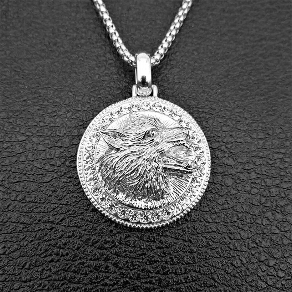 Herren Unisex Silber Brüllender Wolf Kopf Kristalle Solide Anhänger Geflechtkette Halskette | Shop Nory