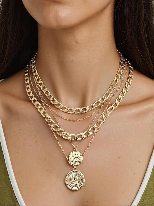 Damen Gold beschichtete dicke Glieder dünne Kette 5tlg Multi-Layer Münzanhänger Halskette | Shop Nory