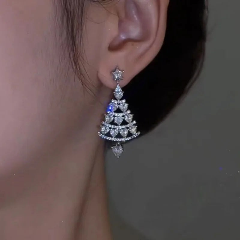 Damen Silber Glänzende Strass Hohl Weihnachtsbaum Festliche Anhänger Ohrringe | Shop Nory