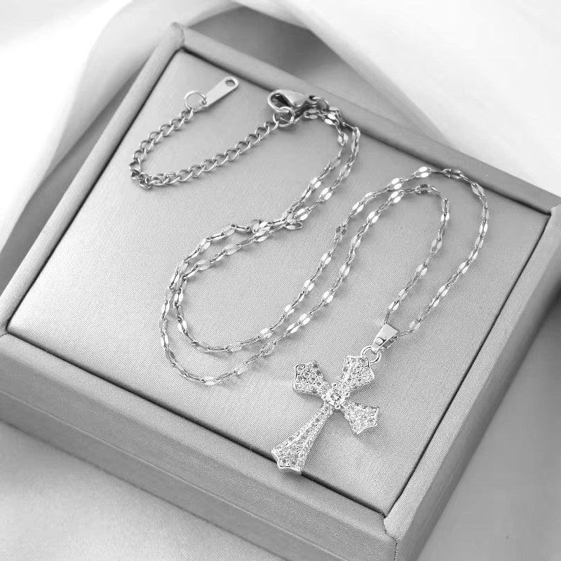 Unisex Damen Herren Silber Geometrisches Kreuz Schlüsselbein Kristall Anhänger & Halskette | Shop Nory