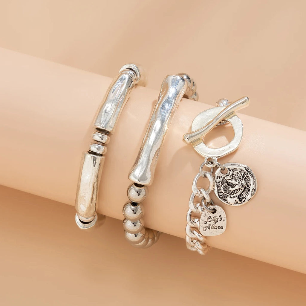 Damen Silberplattierte Chunky Runde Charm 3 Set Stapelbare Handchan Armband | Shop Nory