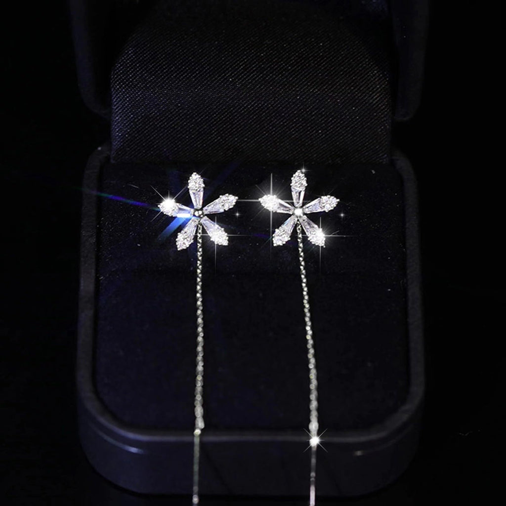 Damen Silber Glänzende Blume Strass Ohrclip Dünne Anhänger Lange Quasten Ohrringe | Shop Nory