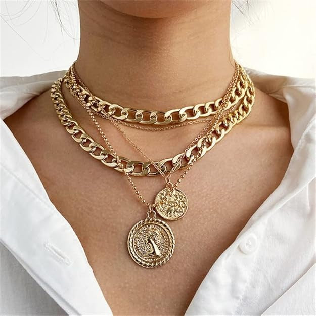Damen Gold beschichtete dicke Glieder dünne Kette 5tlg Multi-Layer Münzanhänger Halskette | Shop Nory