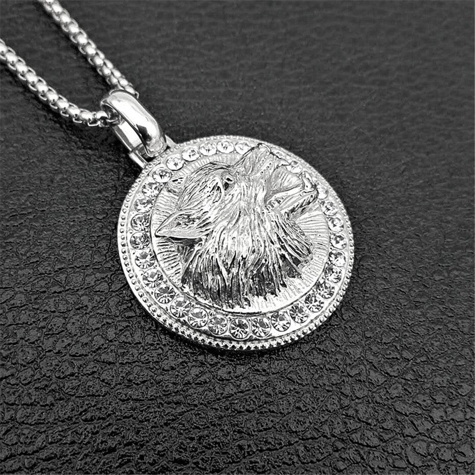Herren Unisex Silber Brüllender Wolf Kopf Kristalle Solide Anhänger Geflechtkette Halskette | Shop Nory