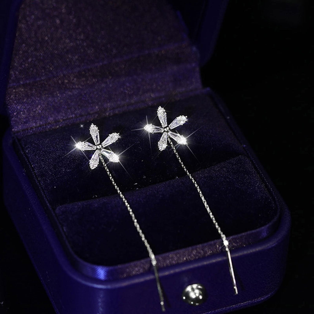 Damen Silber Glänzende Blume Strass Ohrclip Dünne Anhänger Lange Quasten Ohrringe | Shop Nory