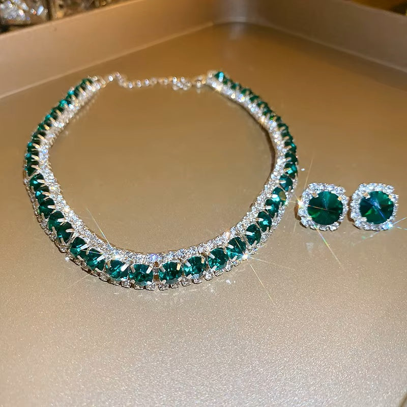 Damen Luxus Grüne Rhinestone Stecker Ohrringe Party Choker Halskette | Shop Nory