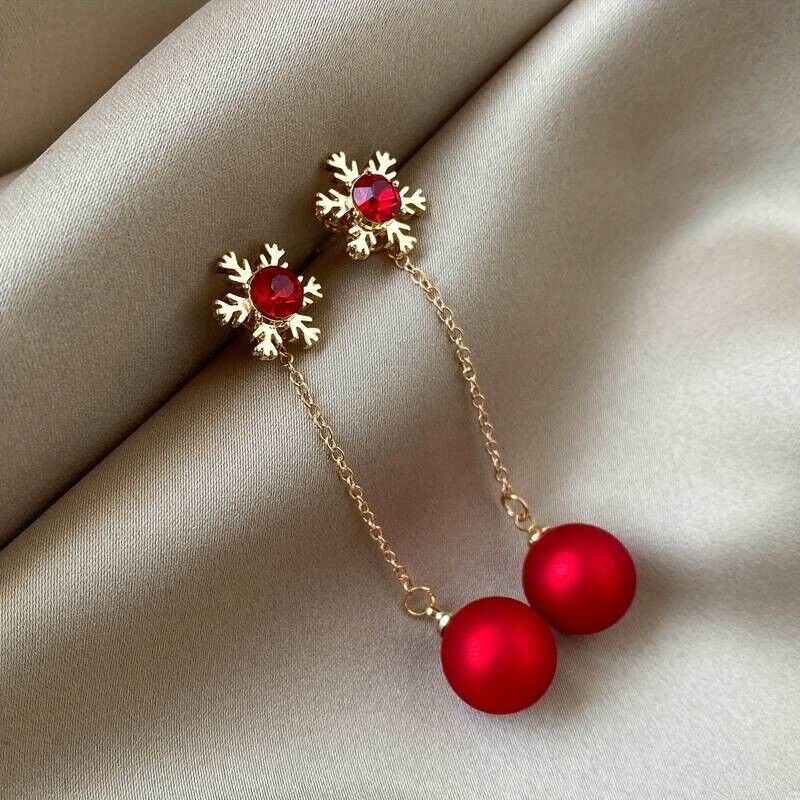 Damen Glitzernde Rote Kristall Schneeflocken Ball Drop Dangle Ohrstecker | Shop Nory