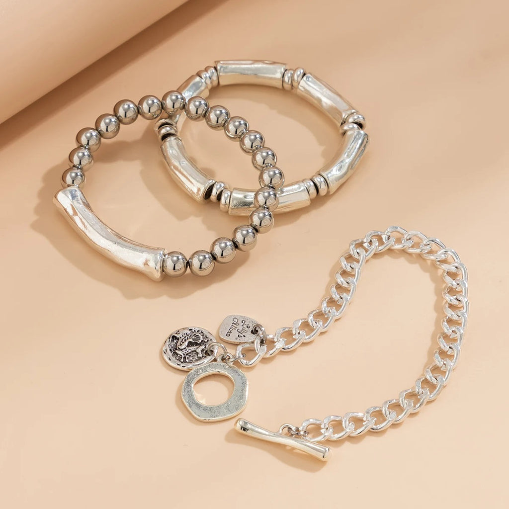 Damen Silberplattierte Chunky Runde Charm 3 Set Stapelbare Handchan Armband | Shop Nory
