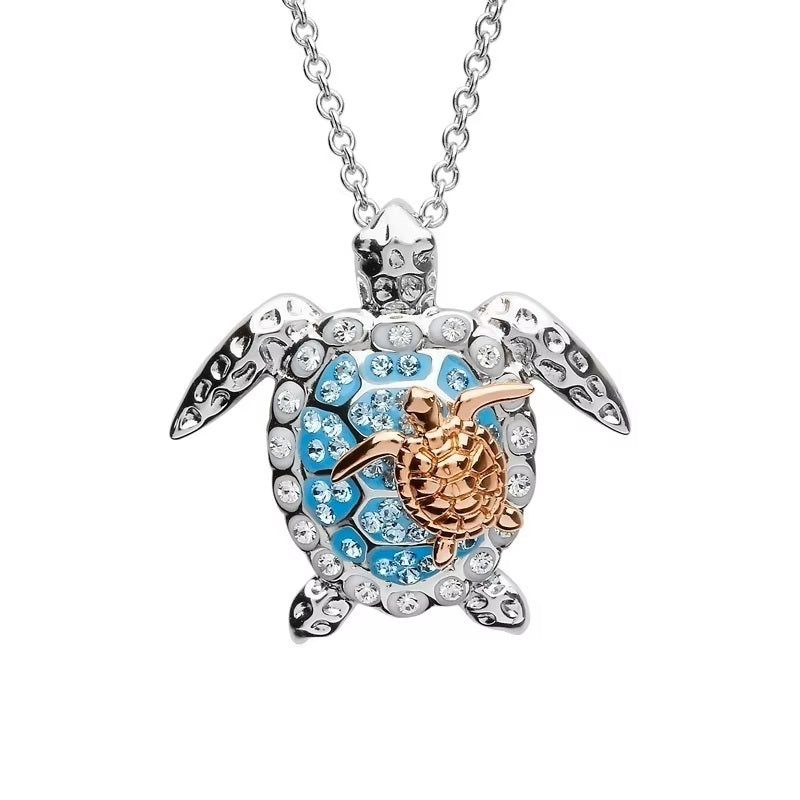 Damen Silber Mutter Gold Baby Meeresschildkröte Kristall Anhänger Kette Halskette | Shop Nory