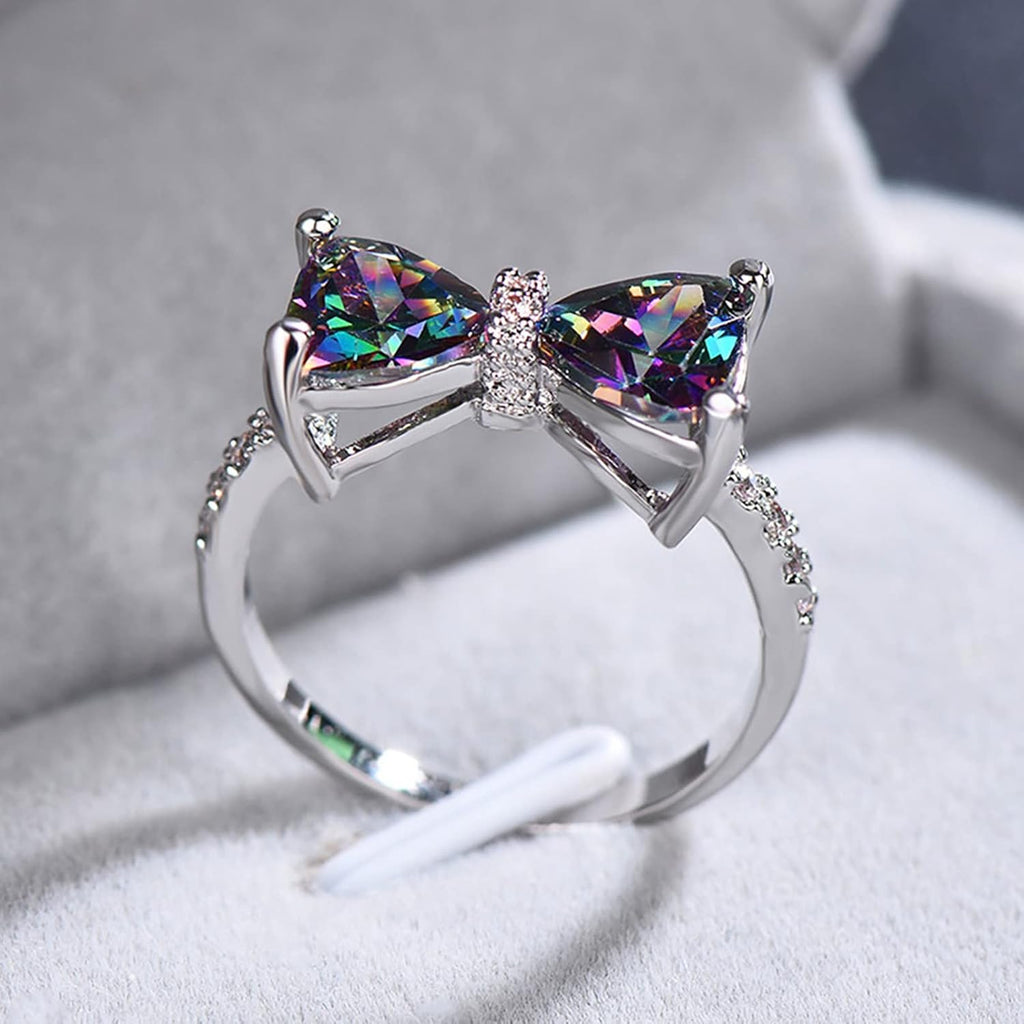 Damen Sterling Silber Beschichtet Funkelnder Mehrfarbiger Diamantgeschliffener Kristall Schleifenring | Shop Nory